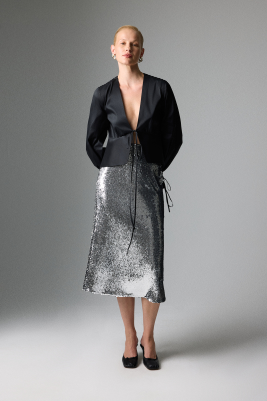 Önü Bağlamalı Uzun Kol Tafta Bluz Siyah - 3