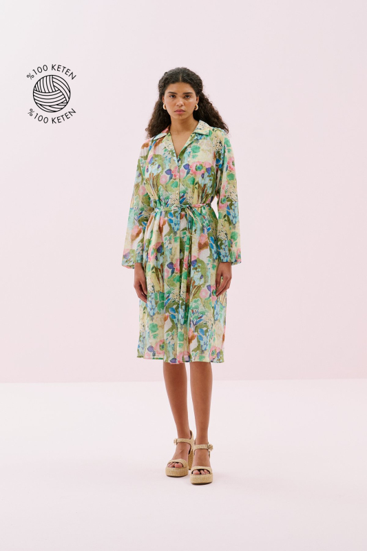 Önü Düğmeli Pilili Midi Boy Keten Elbise Standart Renk - 1