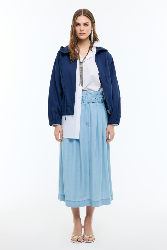 Önü Fermuarlarlı Kapüşonlu Mont Lacivert - 4