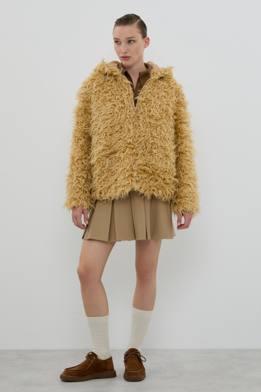 Önü Fermuarlı Kapüşonlu Mont Bej - Roman