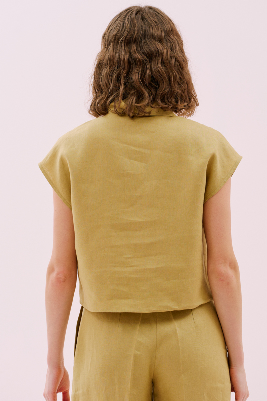 Önü Fermuarlı ve Nakış Detaylı Kolsuz Keten Bluz Olive - 2