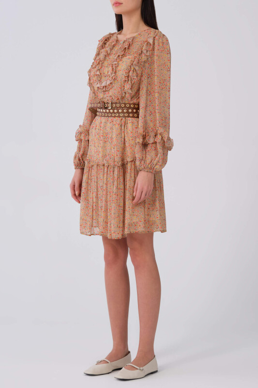 Önü Fırfırlı Uzun Kol Çiçek Desenli Günlük Elbise Standart Renk - 3