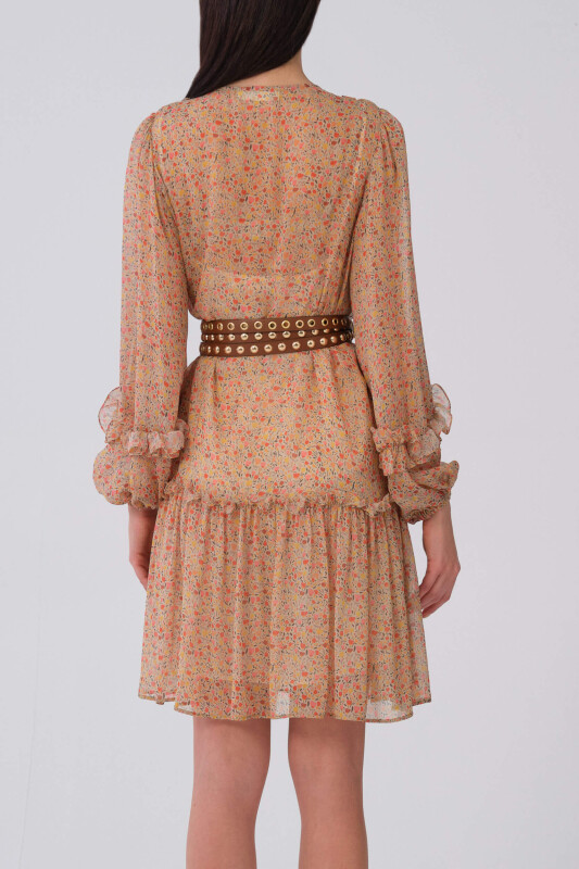 Önü Fırfırlı Uzun Kol Çiçek Desenli Günlük Elbise Standart Renk - 2