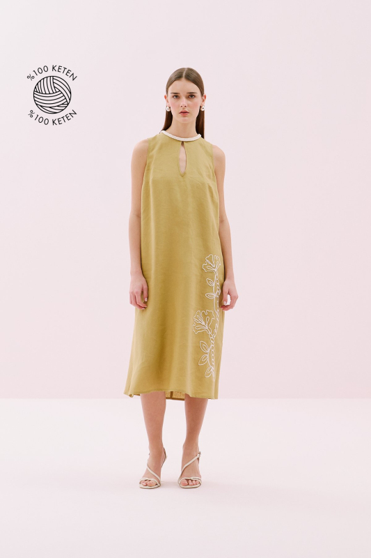 Örgü Bağcıklı Nakışlı Midi Boy Kolsuz Keten Elbise Olive - 1