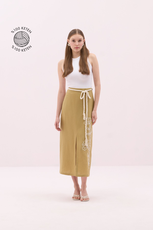 Örgü Kemerli Önü Nakış ve Yırtmaçlı Keten Midi Boy Etek Olive - Roman