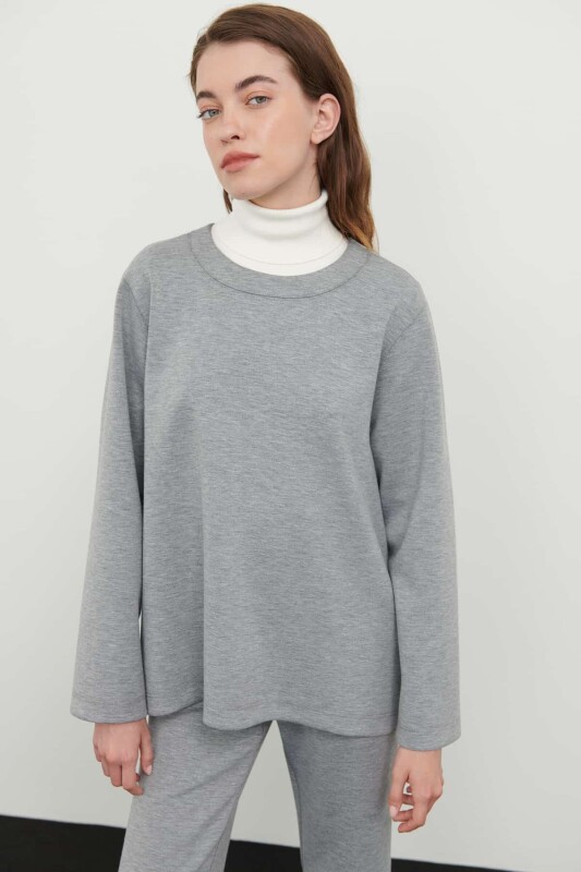 Bisiklet Yaka Uzun Kollu Sweatshirt Gri 