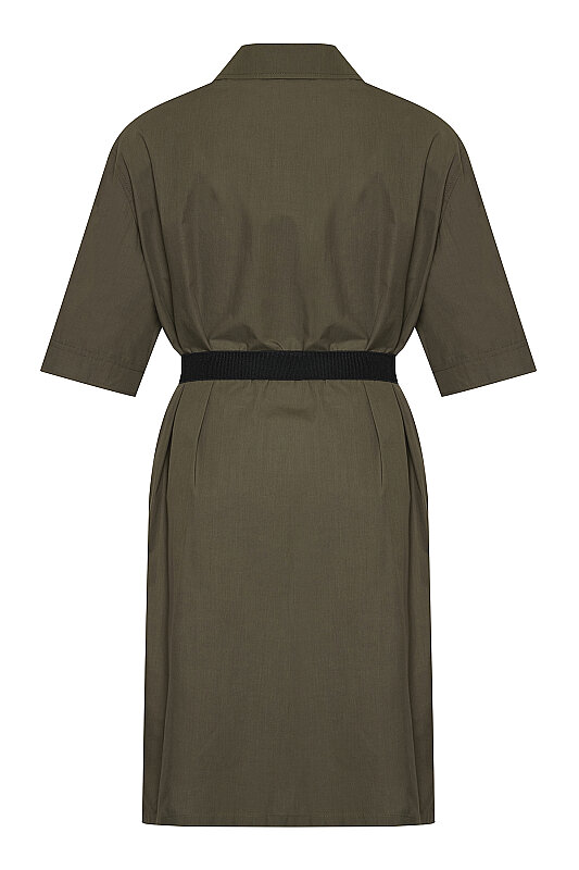 Palaska Kemerli Midi Boy Gömlek Elbise Haki - 6