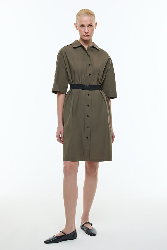 Palaska Kemerli Midi Boy Gömlek Elbise Haki - Roman