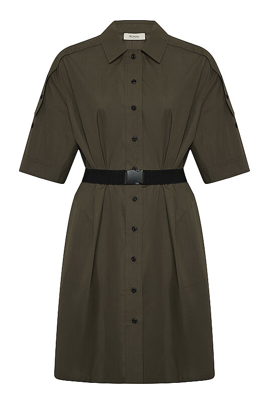 Palaska Kemerli Midi Boy Gömlek Elbise Haki - 5