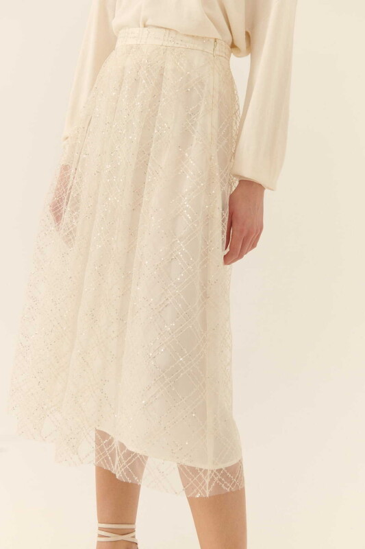  Payetli Midi Etek Ekru - 3