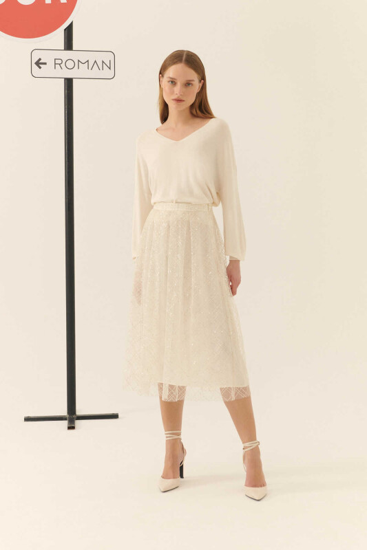  Payetli Midi Etek Ekru - 1