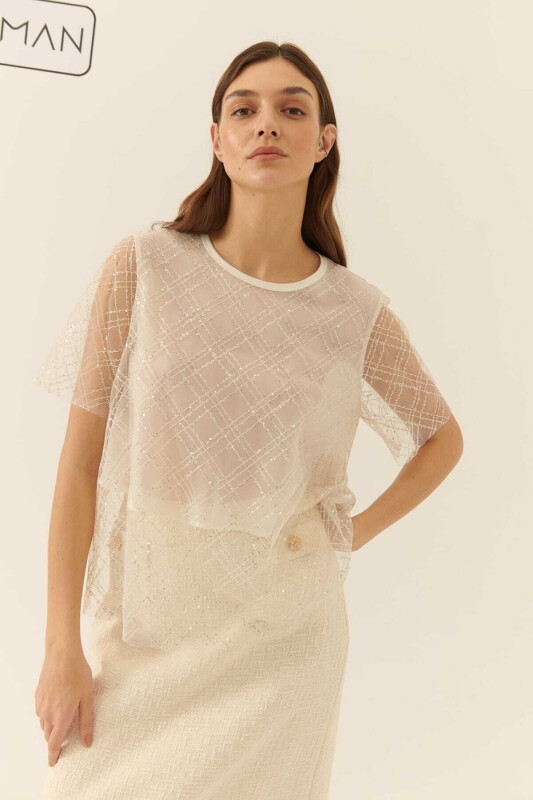  Payetli Transparan Bluz Ekru - 1