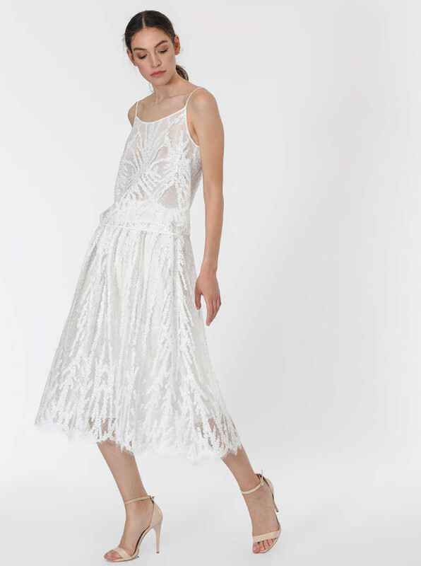 Payetli Uzun Etek Beyaz - 1