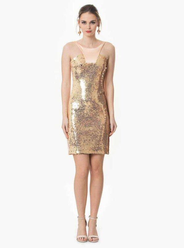 Payetli Yaka Detaylı Mini Gold Abiye Elbise Gold Gold