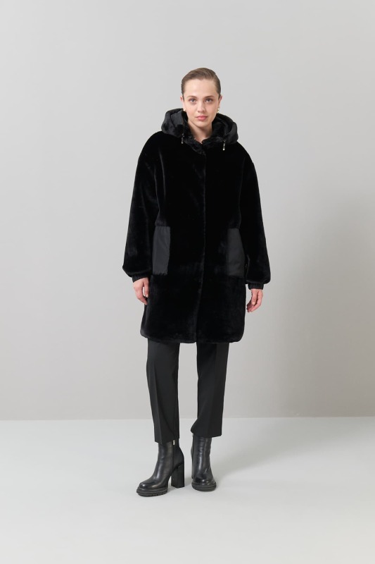 Peluş Kapüşonlu Mont Siyah - 5