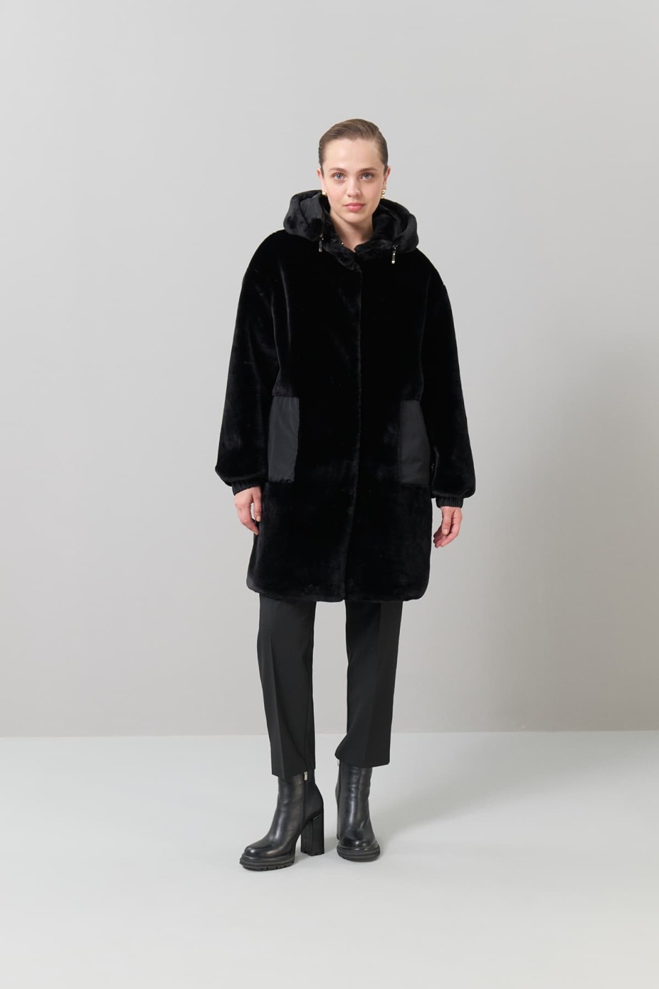 Peluş Kapüşonlu Mont Siyah - 5