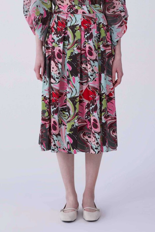 Pileli Floral Desen Midi Etek Standart Renk - 1