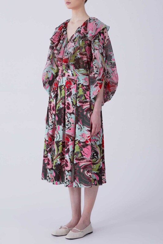 Pileli Floral Desen Midi Etek Standart Renk - 3