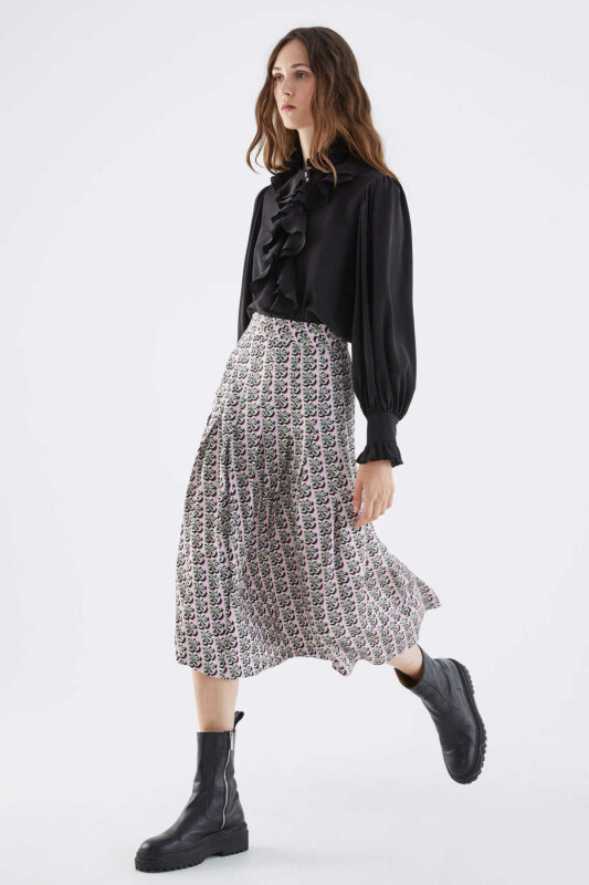  Pileli Midi Desenli Etek Standart Renk - 3