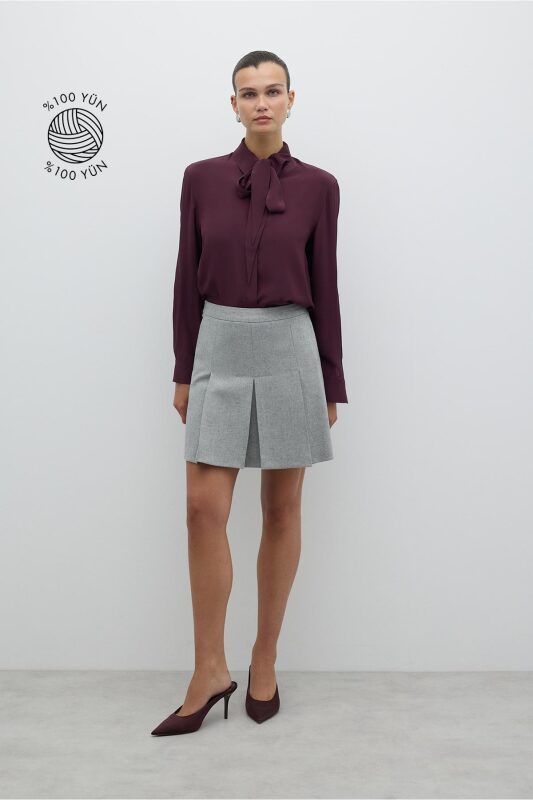 Pileli Yün Mini Etek Gri - Roman