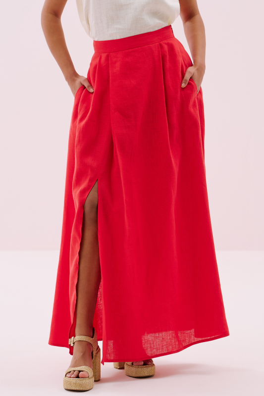 Pili ve Yırtmaç Detaylı Midi Boy Keten Etek Kırmızı - 4