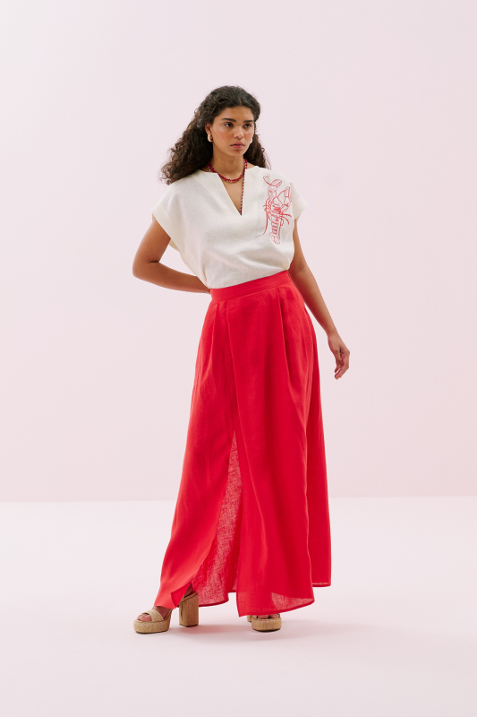 Pili ve Yırtmaç Detaylı Midi Boy Keten Etek Kırmızı - 3