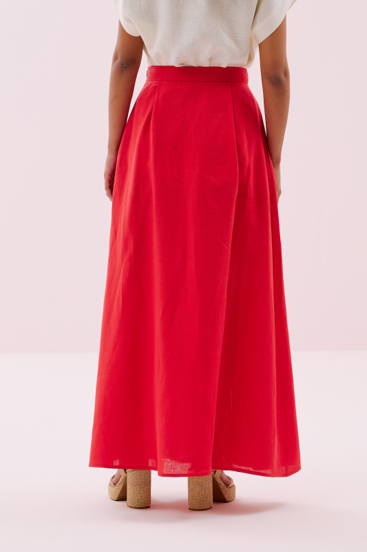 Pili ve Yırtmaç Detaylı Midi Boy Keten Etek Kırmızı - 5