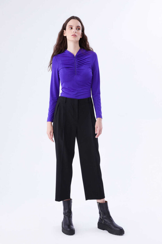  Pilise Detaylı Kısa Paça Kadın Pantolon Siyah - 3