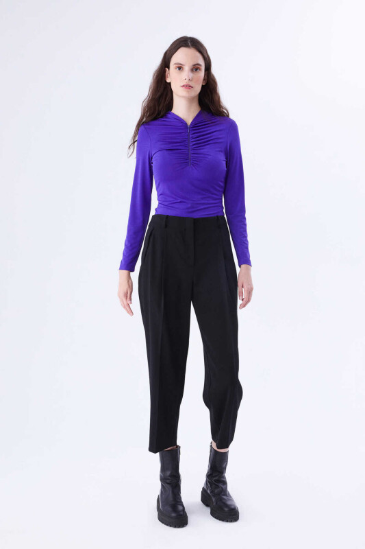  Pilise Detaylı Kısa Paça Kadın Pantolon Siyah - 1