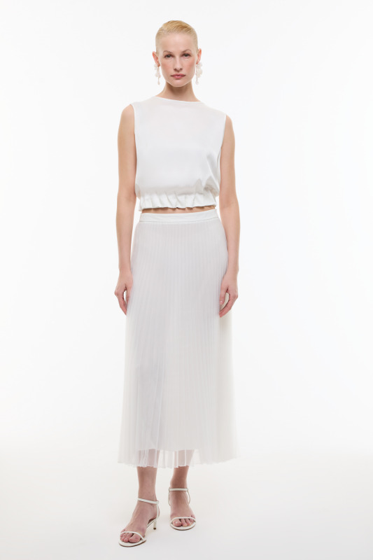 Piliseli Midi Boy Organze Etek Beyaz - Roman