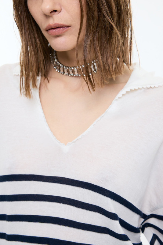 Polo Yaka Çizgi Desenli Bluz Lacivert - Beyaz - 3