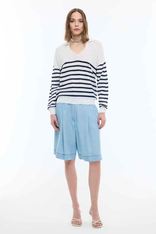 Polo Yaka Çizgi Desenli Bluz Lacivert - Beyaz - 4