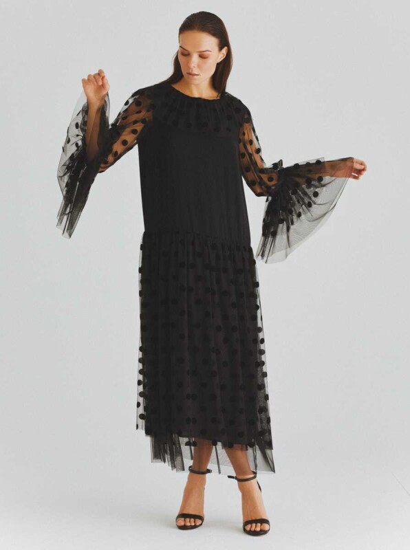  Puantiyeli Tül Detaylı Uzun Elbise Siyah - 4