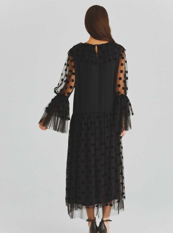  Puantiyeli Tül Detaylı Uzun Elbise Siyah - 2