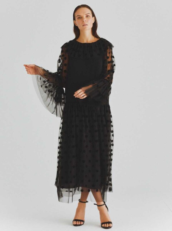  Puantiyeli Tül Detaylı Uzun Elbise Siyah - 1