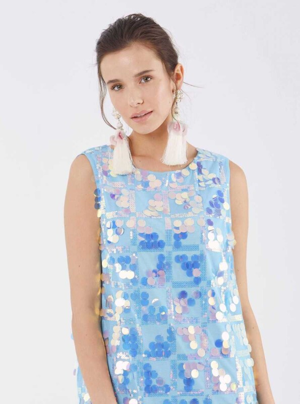 Pul Detaylı Abiye Elbise Mavi - 4