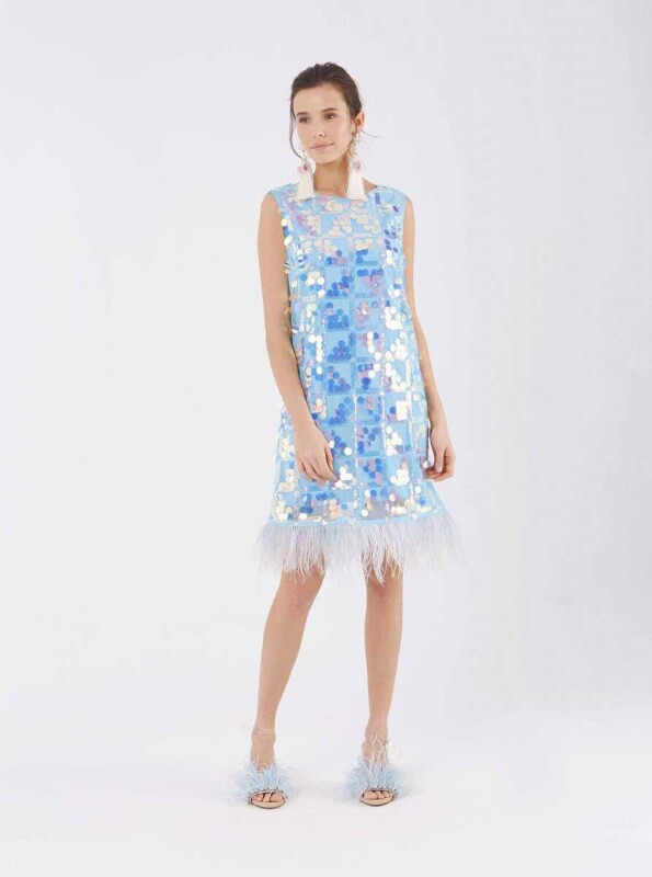 Pul Detaylı Abiye Elbise Mavi - 1