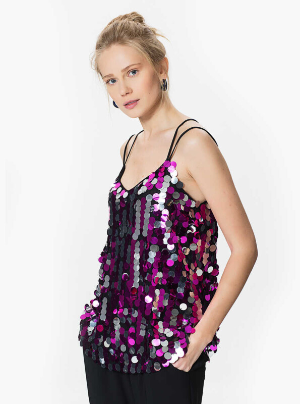 Pul Detaylı Askılı Bluz Fuşya - 3