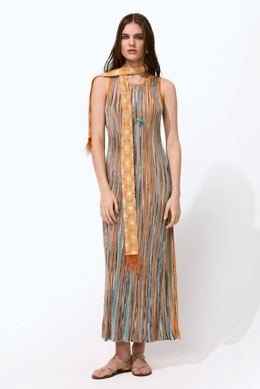 Simli Ajur Desenli Kolsuz Midi Boy Elbise Oranj - Multi - Roman