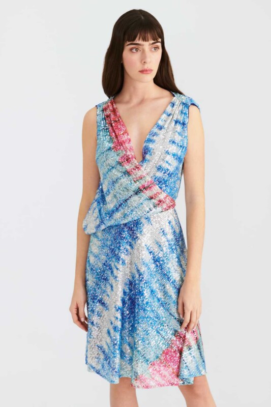 Pullu V Yakalı Abiye Elbise Standart Renk - 1