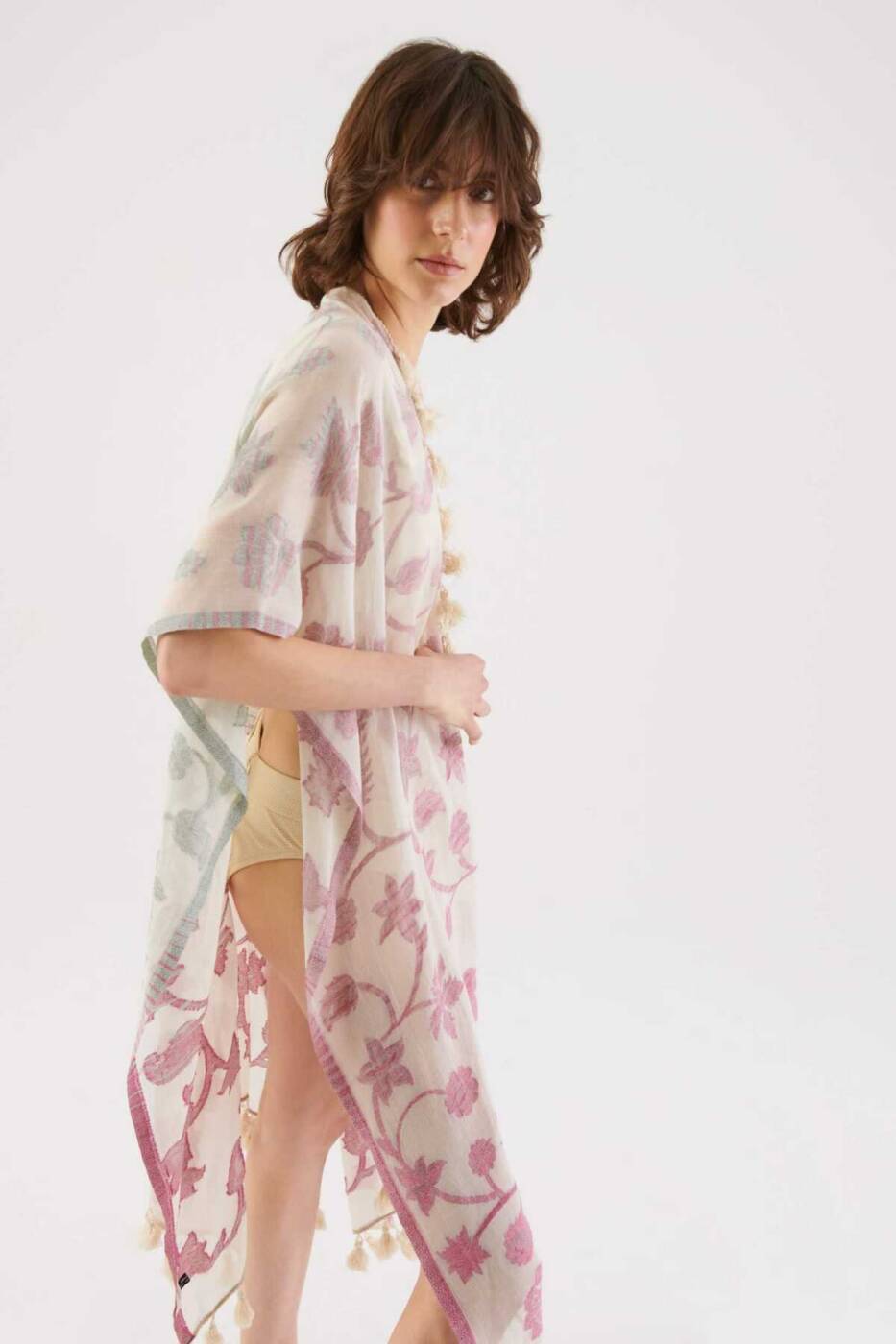 Püskül Detaylı Desenli Kimono Standart Renk - 3