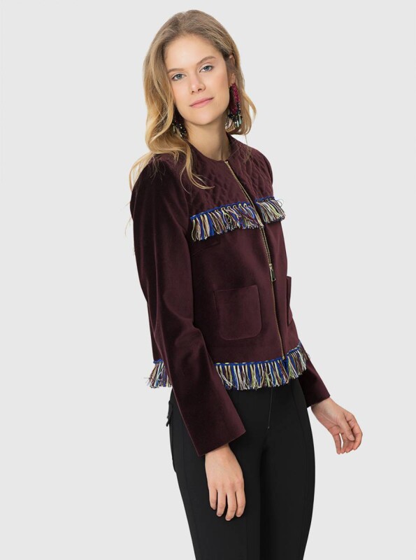  Püskül Detaylı Fermuarlı Ceket Bordo - 3