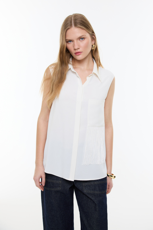 Püskül Detaylı Kolsuz Gömlek Ekru - Roman