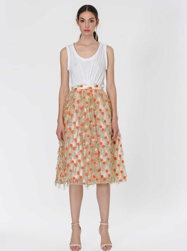 Püskül Detaylı Puantiyeli Etek Turuncu - 1