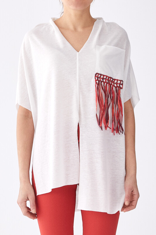 Püskül Detaylı T-Shirt Ekru - 1