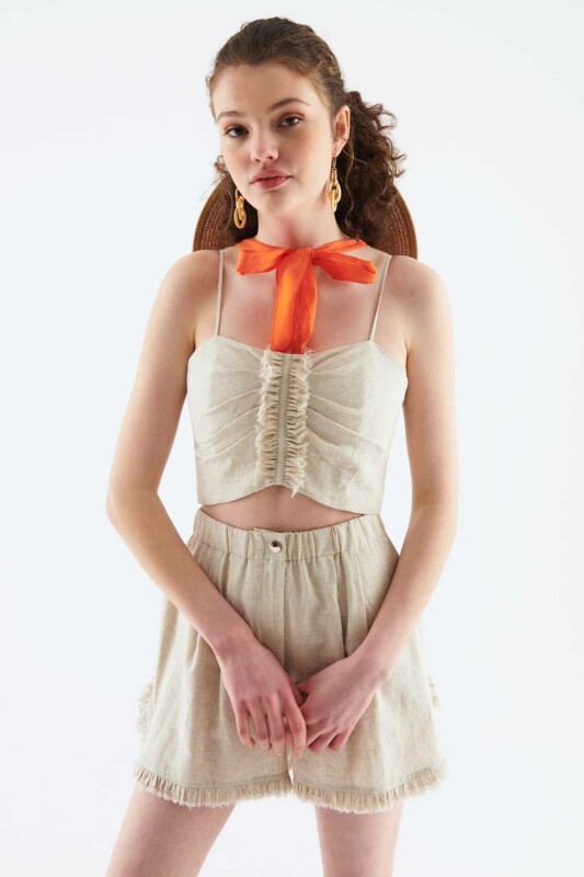 Püsküllü Kadın Şort Naturel - 3