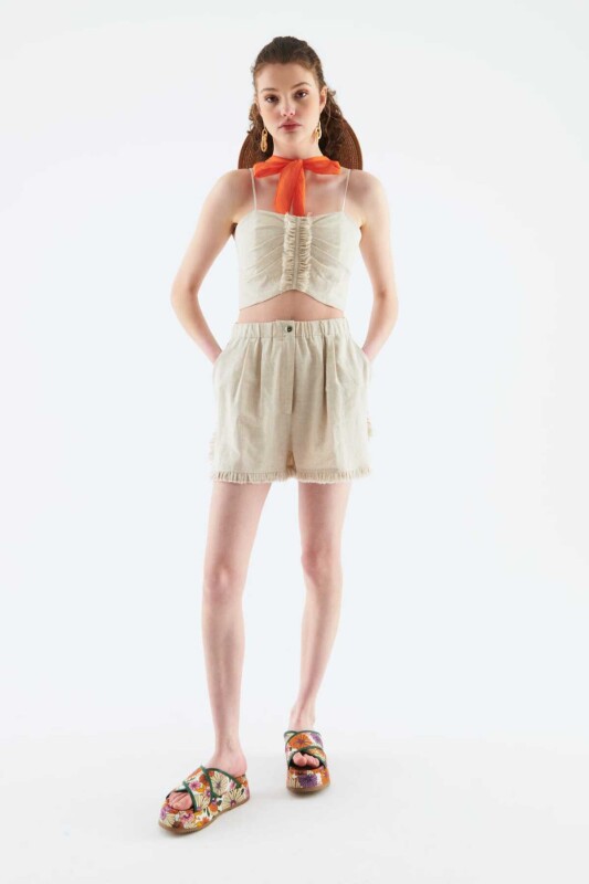 Püsküllü Kadın Şort Naturel - 1