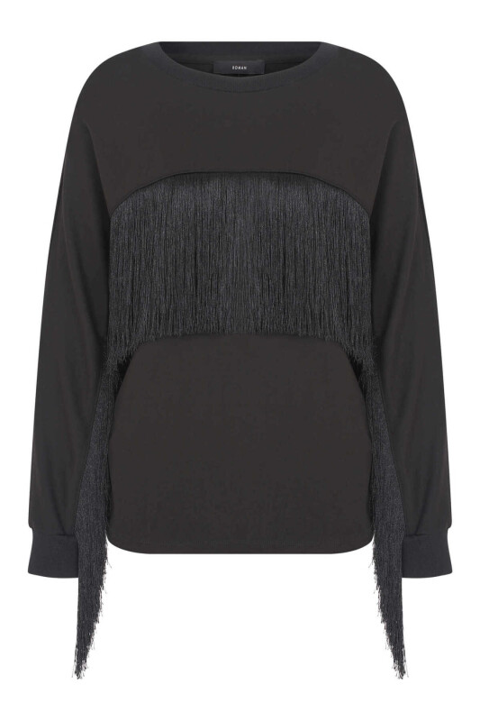  Püsküllü Kadın Sweatshirt Siyah - 4