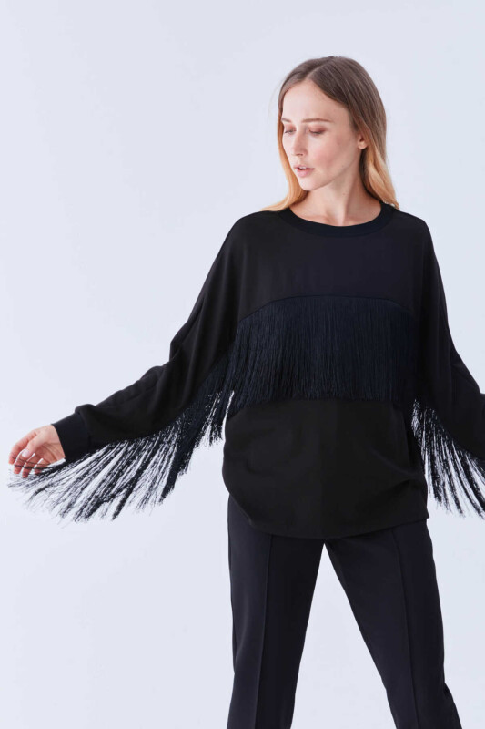 Püsküllü Kadın Sweatshirt Siyah - 1