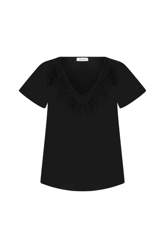  Püsküllü Kadın Tişört Siyah - 4